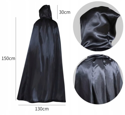 Czarna peleryna z kapturem 150 cm – strój czarodziej, wampir, Halloween