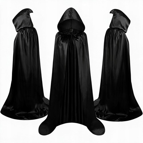 Czarna peleryna z kapturem 150 cm – strój czarodziej, wampir, Halloween