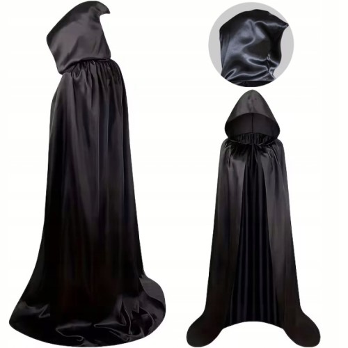 Czarna peleryna z kapturem 150 cm – strój czarodziej, wampir, Halloween