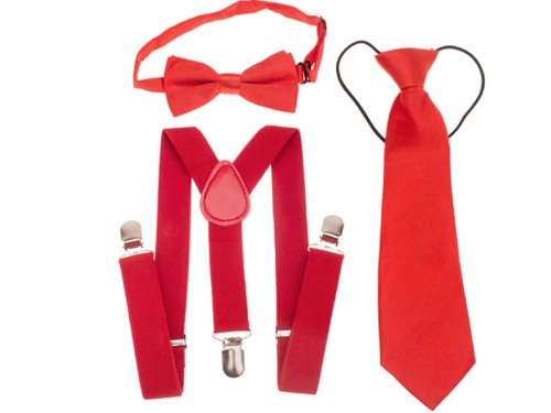 Zestaw muszka, szelki i krawat  dziecięcy - czerwony