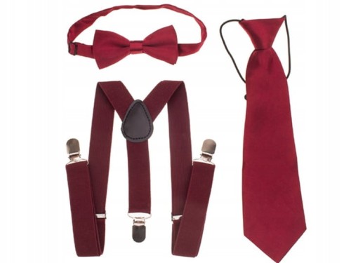 Zestaw muszka, szelki i krawat  dziecięcy - bordowy