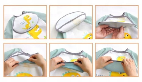 Fartuszek śliniak ochronny z rękawami i odpinaną kieszonką do BLW rozszerzania diety 