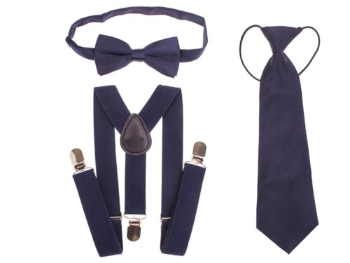 Zestaw muszka, szelki i krawat  dziecięcy - granatowy